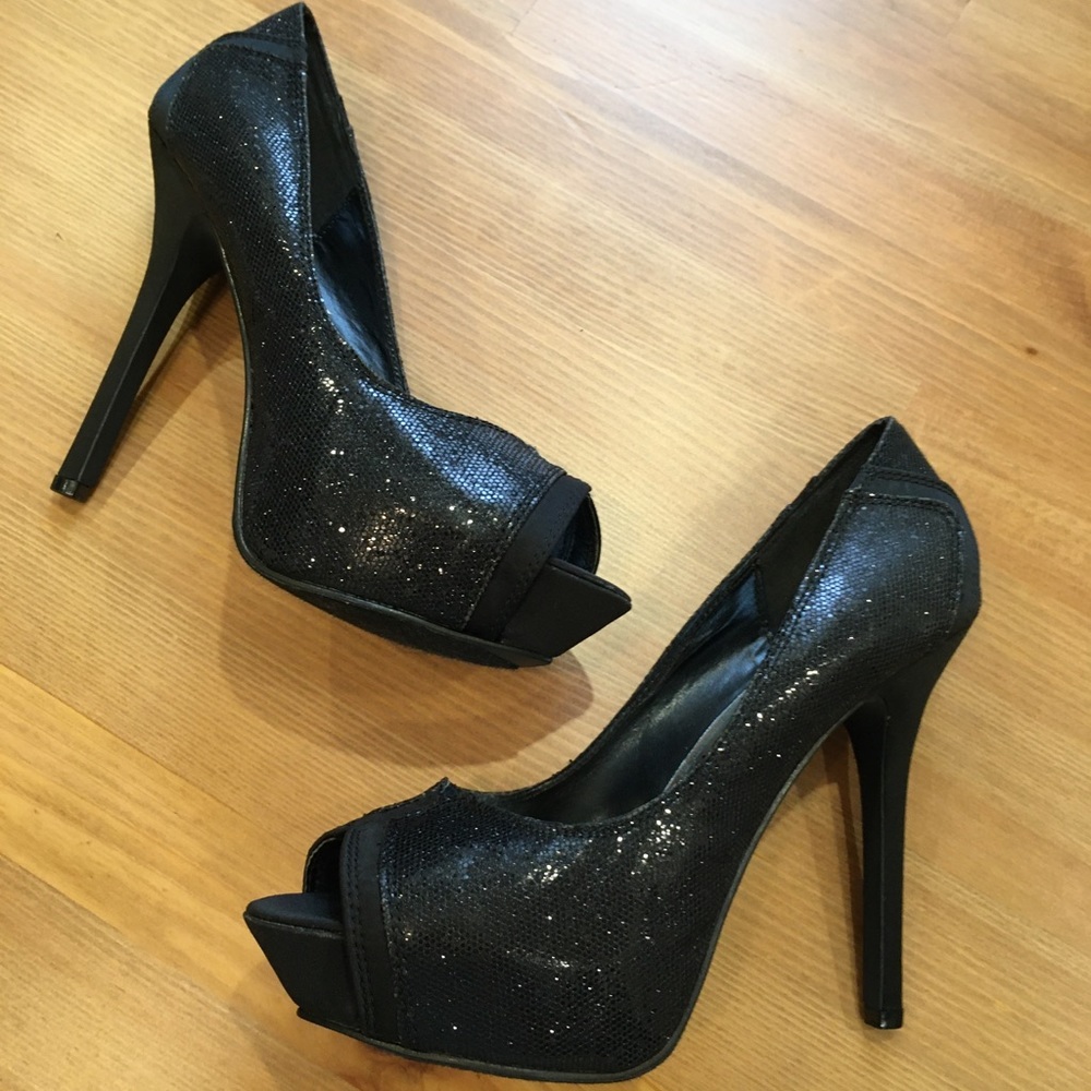 New Joey Brand Black Sparkle Peep Toe Heels Size 8